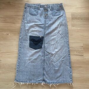 VTG Hydraulic Denim Maxi Skirt Distressed Patchwork 13/14